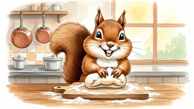 Charming squirrel kneads dough in cozy kitchen setting with playful delight
