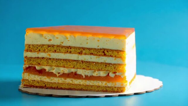 Vibrant Layered Mousse Cake with Orange Jelly on Blue Background