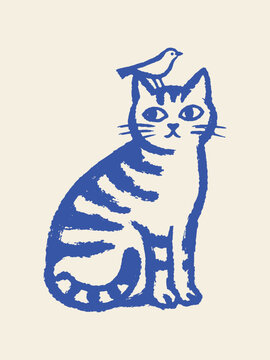 Cat with bird naive hand drawn vector illustration