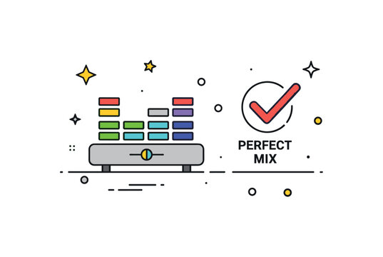 Balanced audio levels illustrated with a small equalizer bar set and a checkmark badge labeled ?Perfect Mix?. The visual metaphor highlights well adjusted