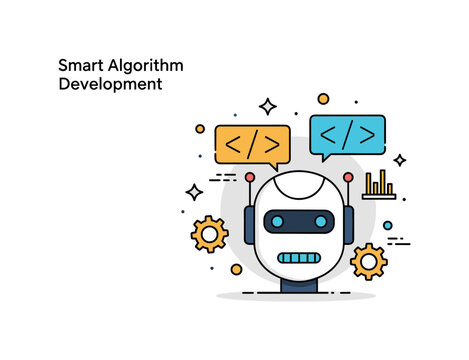 Smart algorithm development a compact scene with a robot head and floating code brackets while small gears and data dots symbolize continuous improvement of