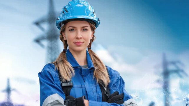 Empowered in Engineering: A determined female engineer stands confidently against a backdrop of towering power lines, symbolizing ambition, dedication, and expertise in the field.