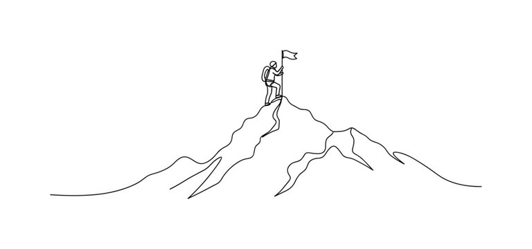 Summit Victory Flag. Minimalistic one-line drawing climber planting a small flag on the mountain summit peak, continuous single black line on white background,