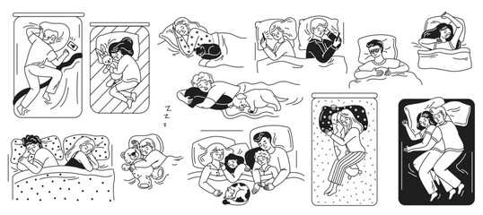Illustration showcases different sleeping positions including alone, with partners, and pets, capturing diverse resting styles in a playful, artistic manner.