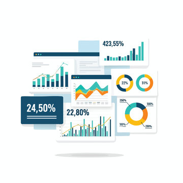 Overlapping screens showcase various data visualizations bar, line, area, and donut charts