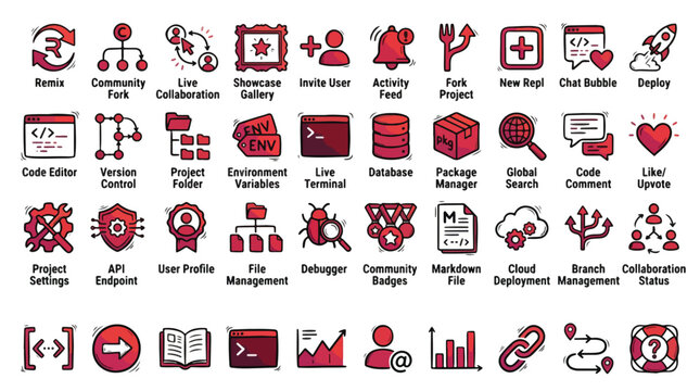 Software Development and Coding Icon Set in Hand-drawn Doodle Style. A collection of linear icons including remix, fork, deploy, editor, terminal, database, cloud, api, project