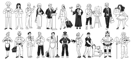 Black and white illustration showcasing various professional characters including chefs, scientists, artists, and more, each performing distinct tasks.
