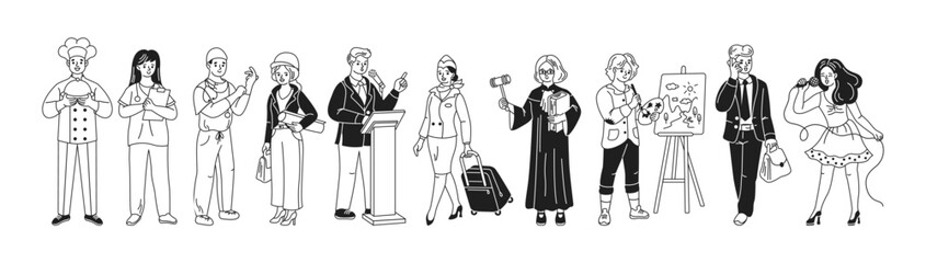 Black and white illustration depicting various professionals including a chef, teacher, artist, lawyer, and singer, showcasing career diversity.