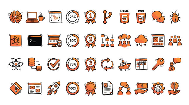 Coding and Software Development Icon Set in Doodle Style. A collection of coding linear icons including code, agile, cloud, database, brain, medal, bug, html, css, more. Vector illustration.