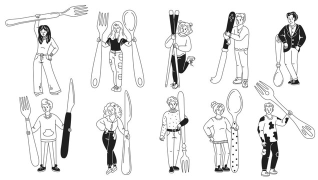 Black and white handdrawn illustration of diverse individuals playfully holding oversized cutlery. The image showcases creativity and humor in a cartoon style. Perfect for foodrelated projects.