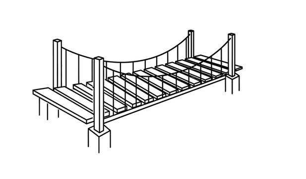 Silhouette of a simple suspension bridge with wooden slats and rope cables