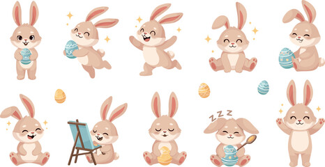 Fototapeta premium Cute easter bunny cartoon characters with painted eggs spring celebration playful rabbits and adorable holiday vector illustration set