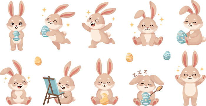 Cute easter bunny cartoon characters with painted eggs spring celebration playful rabbits and adorable holiday vector illustration set