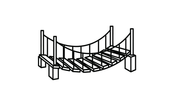 Silhouette of a suspension bridge with cables and wooden slats in a simple black line drawing