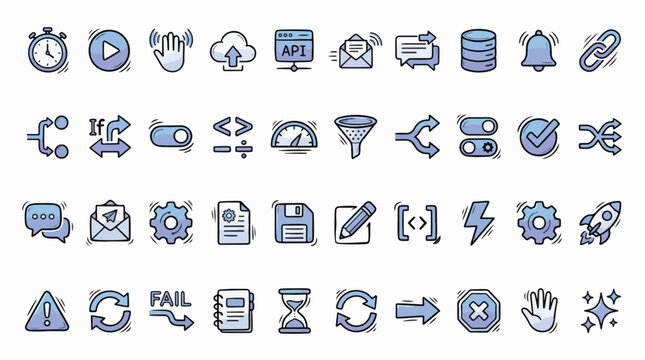 Software Development and Automation Icons in Doodle Style. A collection of Programming Linear Icons, Including API, cloud, database, code, gear, rocket, sync, funnel, and more. Doodle Art.