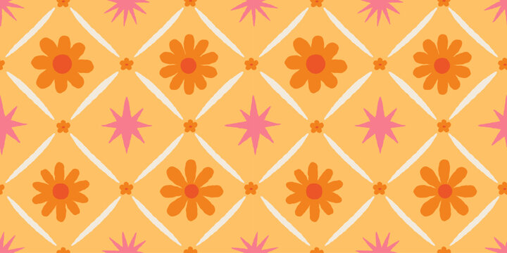 Vector hand drawn seamless pattern in simple doodle sketchy floral wavy and groovy naive style, dopamine and cottage core aesthetic