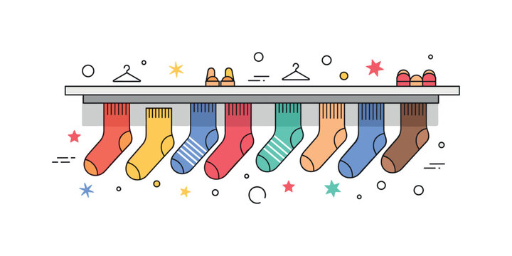 Socks neatly displayed sock drawer with multiple colorful pairs representing organization, fashion variety, and comfortable essentials. Decorative stars and