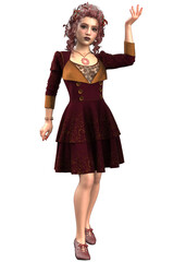 Fototapeta premium 3D Rendered woman with curly red hair poses gracefully in a detailed maroon steampunk dress with gold accents and buttons. Ideal for fantasy, fashion, or character design projects.
