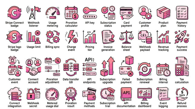 Stripe Billing and Subscription Icon Set in Hand-Drawn Style. A collection of Finance Linear Icons, Including Webhook, API Key, Invoice, Revenue, Refund, Metering, Card