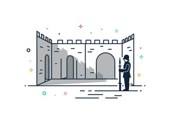 Obraz premium Ancient garrison courtyard scene with a simple inner wall and guard silhouette standing at attention. Clean shadow shapes and tiny star accents create a