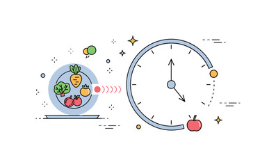 Naklejka premium Intermittent fasting lifestyle a small plate with healthy food icons appearing during a marked eating window on a clock while the rest of the circle shows a