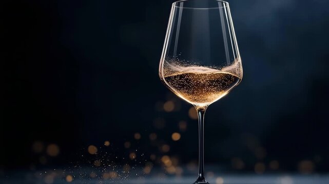 A wine glass filled with a bubbly drink sparkles and shines. The setting is dark, adding a special touch to the celebration. Glitter swirls around the glass, enhancing the joyful moment