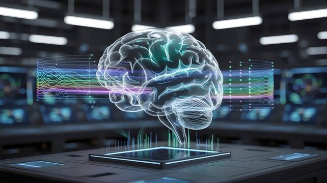 Digital brain projection with 3D data visualizations &ndash; Great for human-computer interface, smart tech, or brain research.