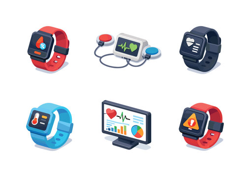 Health monitoring. Isometric flat vector icons set of health monitoring: blood oxygen sensor wearable, ECG monitoring device, blood pressure wearable, body