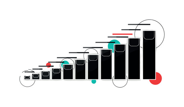 black and white gradient scale made of geometric rectangles increasing in size representing range variation, cut-out collage style with white outline, circular