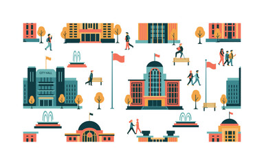 Obraz premium city hall civic center seamless pattern, people walking near government buildings, flagpoles, benches, fountains and town hall facades arranged in a repeating