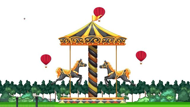 Animated Carousel with Spinning Horses and Hot Air Balloons in Park