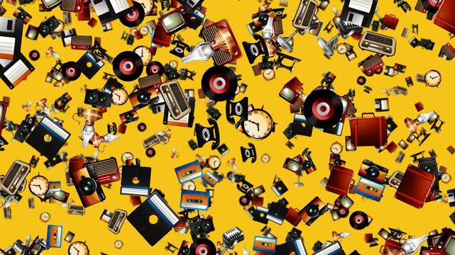 Animated Retro Objects Falling Continuously Against a Solid Yellow Background