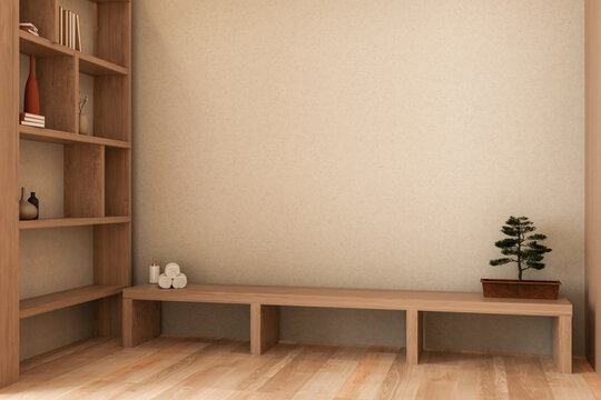 Bonsai pot on wooden bench and display wall shelf over parquet floor in modern minimalist style room