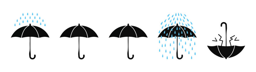 Weather protection umbrella icons collection with rain drops and broken wind damaged parasol concept design © Sen
