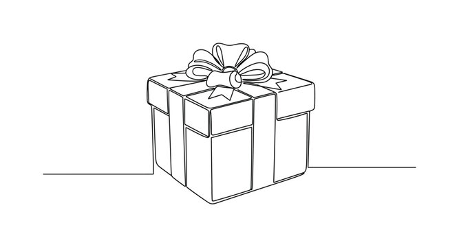 Holiday Gift Box. Minimalistic one-line drawing square box with decorative bow symbolizing holiday presents, continuous single black line on white background,