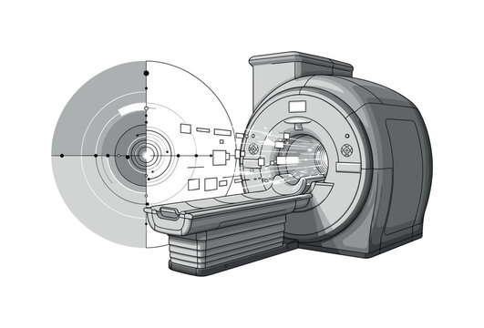MRI scanner with glowing magnetic field illustration, geometric circles lines and abstract blocks emphasizing energy and scanning process, black and white