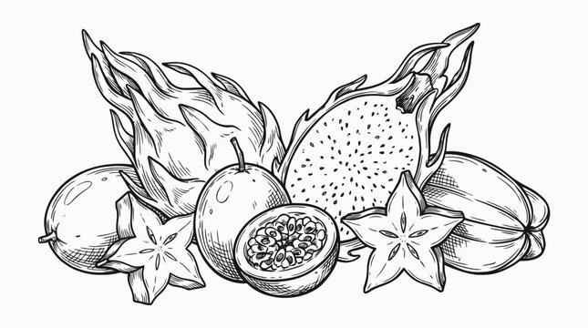 A vector line drawing of various exotic fruits and leaves on a white background