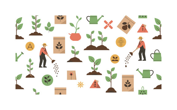 seed cultivation for sustainability seamless pattern, seed packets, sprouting plants, farmers sowing seeds, watering cans and agriculture symbols arranged in a