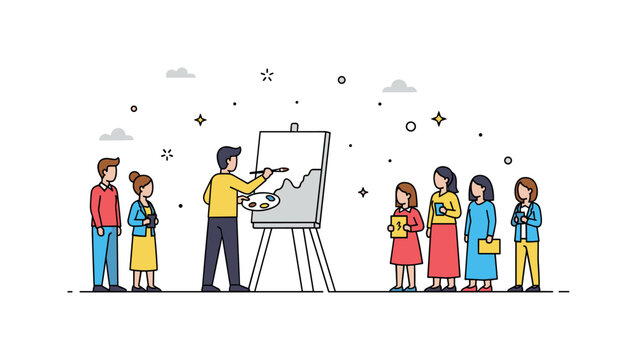 Public art demonstration with a painter actively working on a canvas while viewers gather nearby in curiosity. The scene conveys the excitement of witnessing