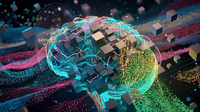 Artificial intelligence brain neural network digital data cube futuristic technology background abstract cyber space innovation 3d render glowing