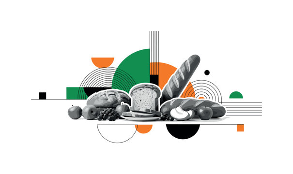 holiday bread and fruits arranged on table abstract semicircles lines and geometric blocks symbolizing festive culinary traditions black and white retro bread