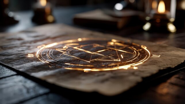 Unveil Glowing Golden Geometric Alchemy Circle on Ancient Manuscript