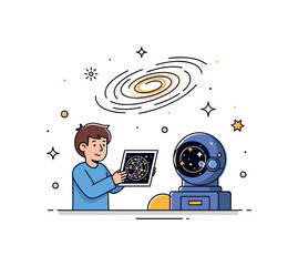 Obraz premium Astronomy curiosity moment illustrated by a student holding a small star chart while a spiral galaxy glows above. Educational science scene capturing wonder
