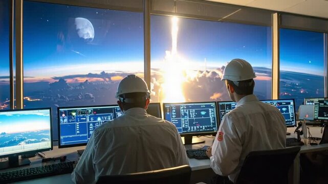 Mission control oversees a powerful rocket launch into the vast expanse of space