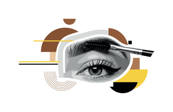close-up of eyebrow with brush applying product abstract semicircles lines and geometric blocks symbolizing precise beauty routine black and white retro