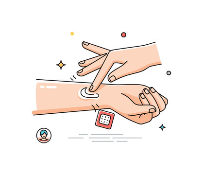 Safe application of skincare product shown by a gentle hand gesture applying cream to the forearm. Subtle sparkle accents and a small patch test icon convey