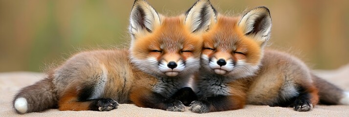 Obraz premium Charming twin red fox kits playing on a peaceful sandy dune, showcasing nature s adorable beauty.