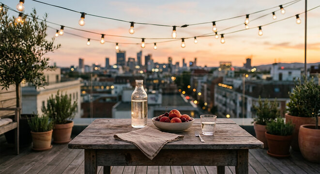 Evening on a rooftop with a simple table set for a summer gathering in the city as the sun sets and lights begin to glow