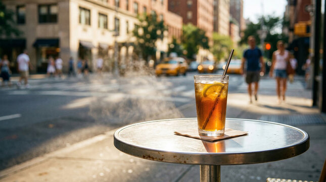 Urban summer heat in the city streets with iced drink on table and people walking by in busy environment