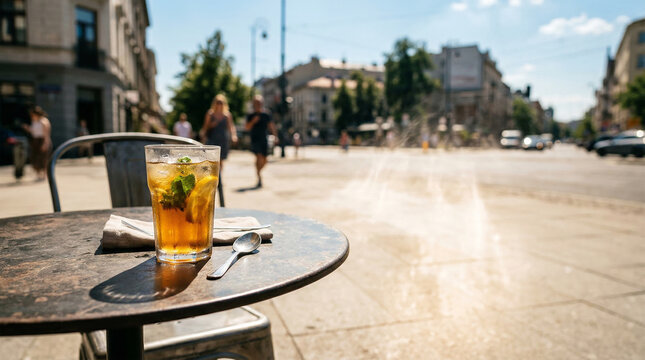 Urban summer heat concept shows shimmering air above sun with a glass of cold drink sitting on a table in a busy street scene
